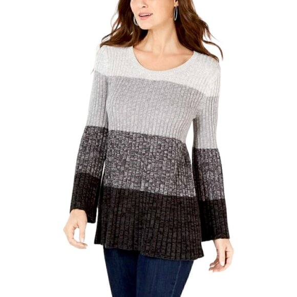 Women's Style & Co. Striped Bell Sleeve Tunic Length Gray Sweater Size Medium - Picture 1 of 7